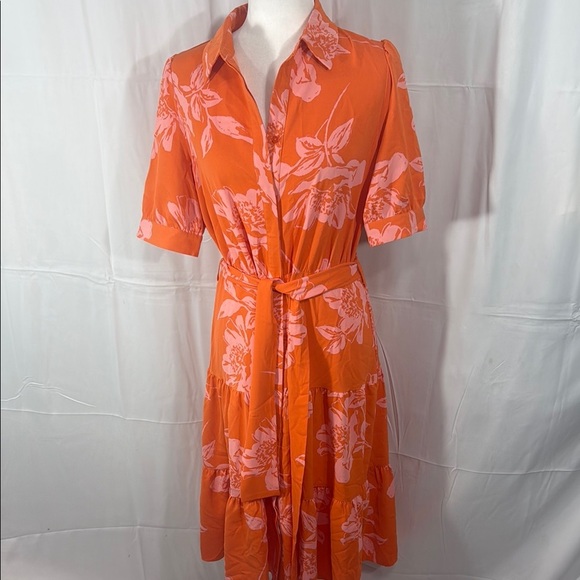 Nicole Miller Orange Midi Dress Buttoned Tie Front Size 8 - Picture 1 of 12